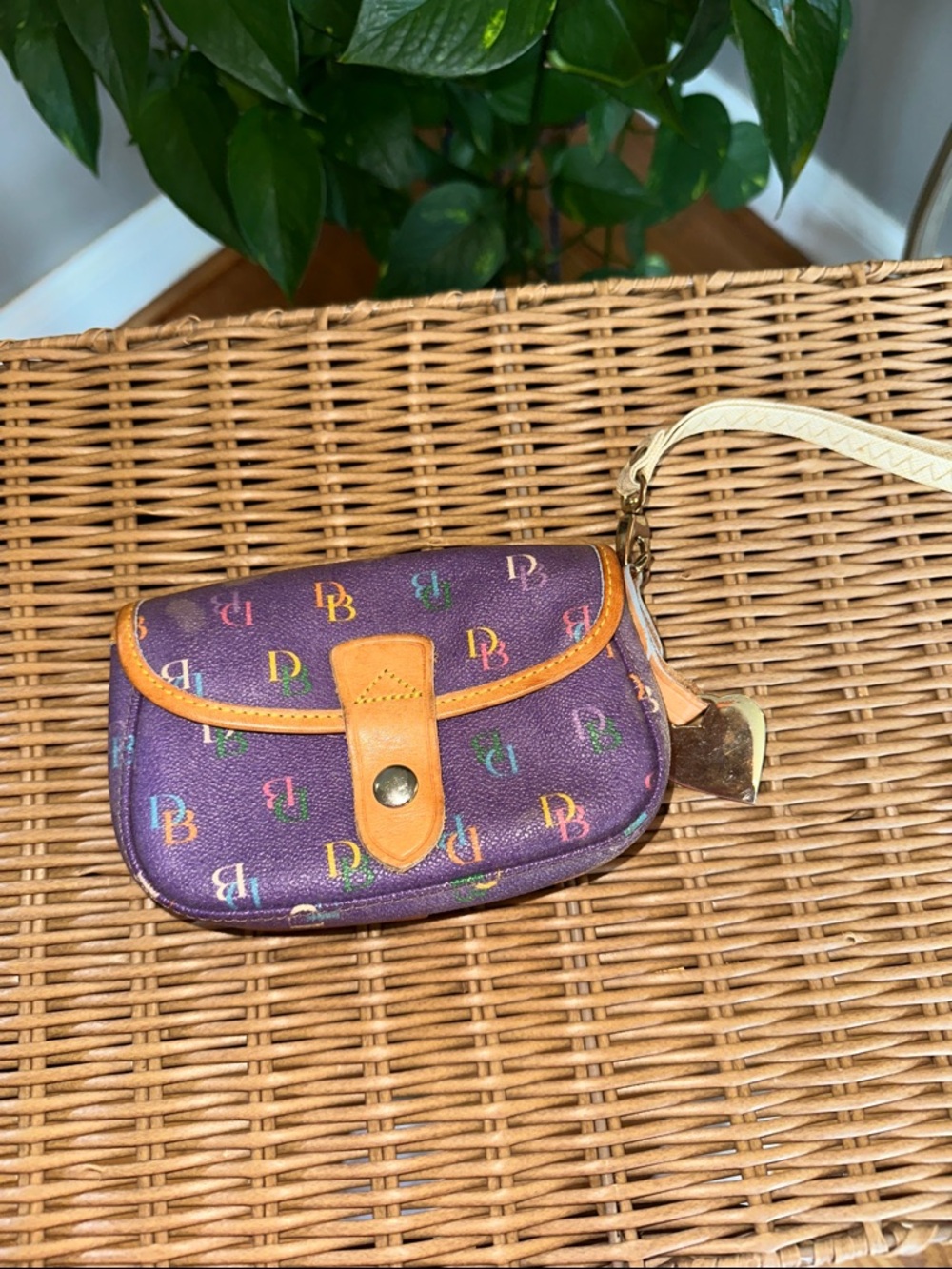 Dooney & Bourke Purple Multicolor Logo Wristlet with Tan Trim and Cream Strap